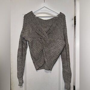 Cozy Knit Twist-Back Sweater Gray — Off Shoulder Chunky Tie Back Pullover